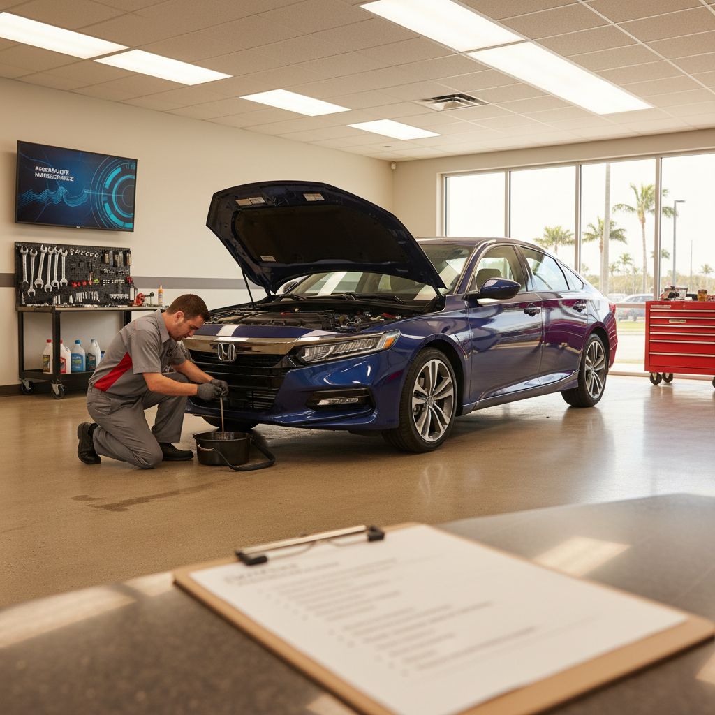 Professional photo of Honda sedan service in Davie, Florida auto center, technician performing oil change.