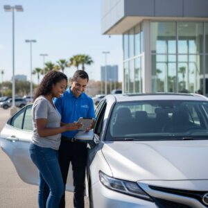 Diverse couple and salesperson reviewing financing for a used Toyota Camry at Davie dealership under sunny skies