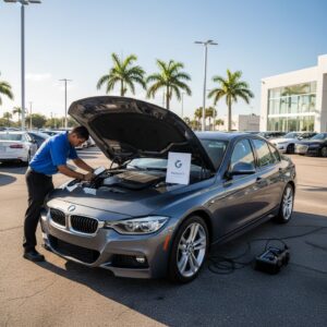Professional photo of a certified pre-owned BMW sedan at a sunny Davie dealership lot with technician inspecting engine.