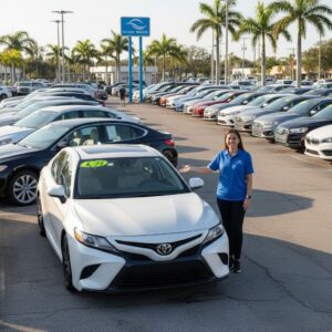 Bustling used car dealership lot in Fort Lauderdale with pre-owned vehicles and friendly salesperson beside a Toyota Camry.