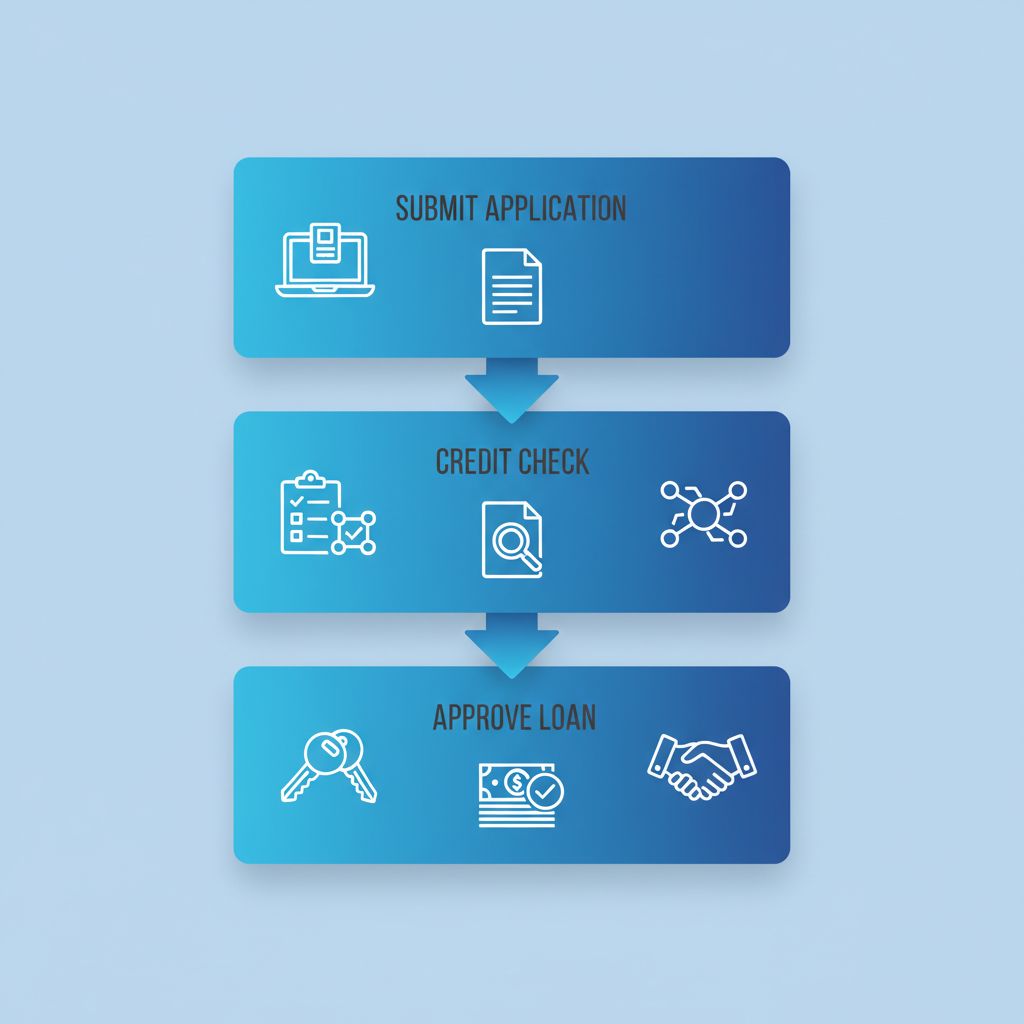 Vertical process flow diagram showing three stages of auto financing: submit application, credit check, and approve loan with relevant icons.