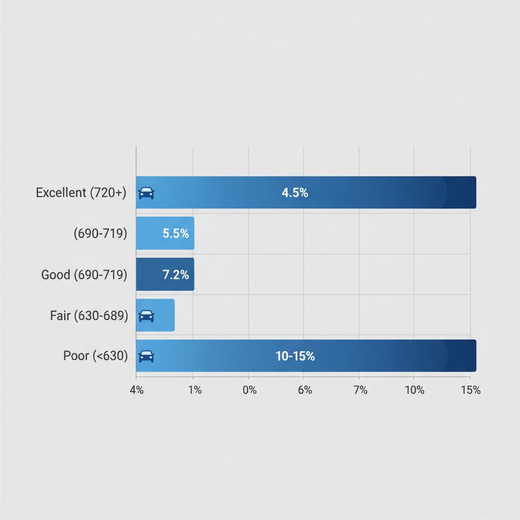Horizontal bar chart illustrating average auto loan interest rates by credit score ranges for used vehicles in dealer financing