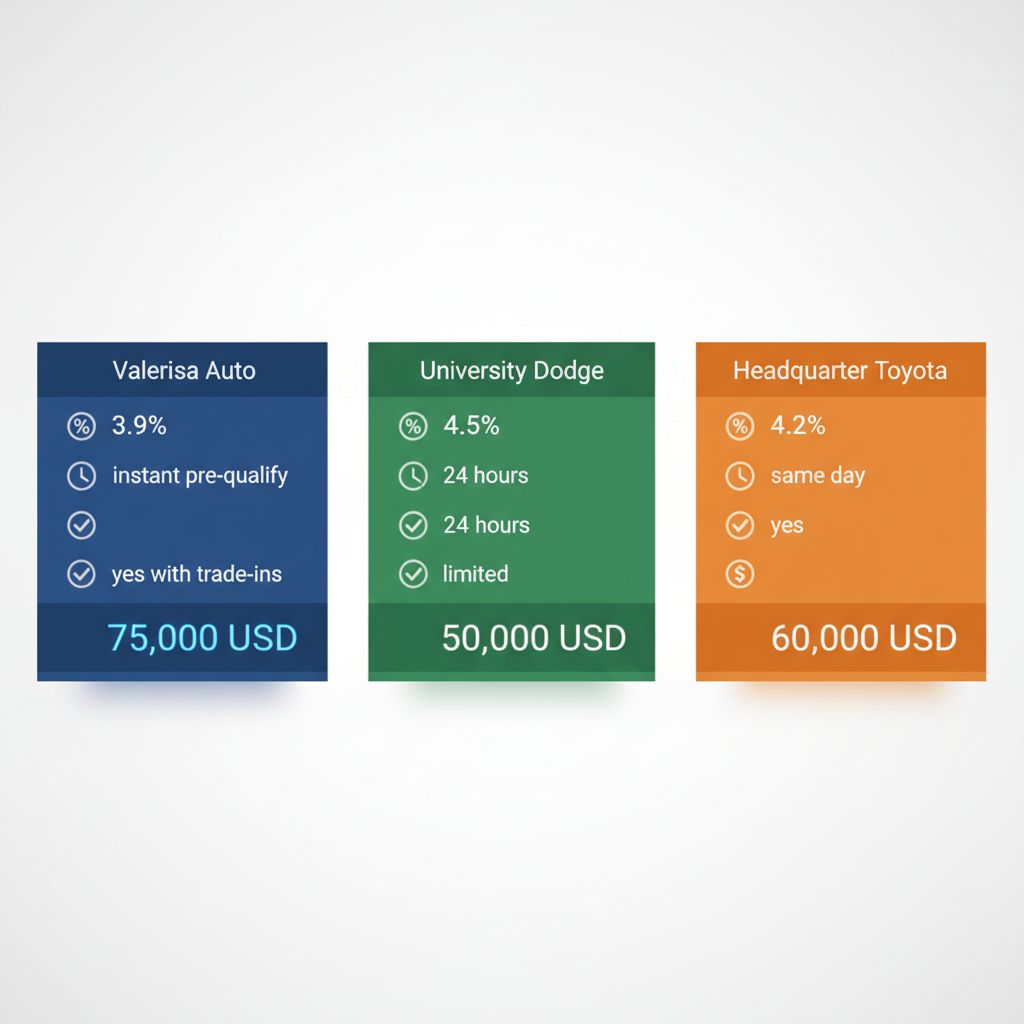 Infographic comparing financing options for used cars at Davie dealerships including APR, approval times, credit options, and loan amounts