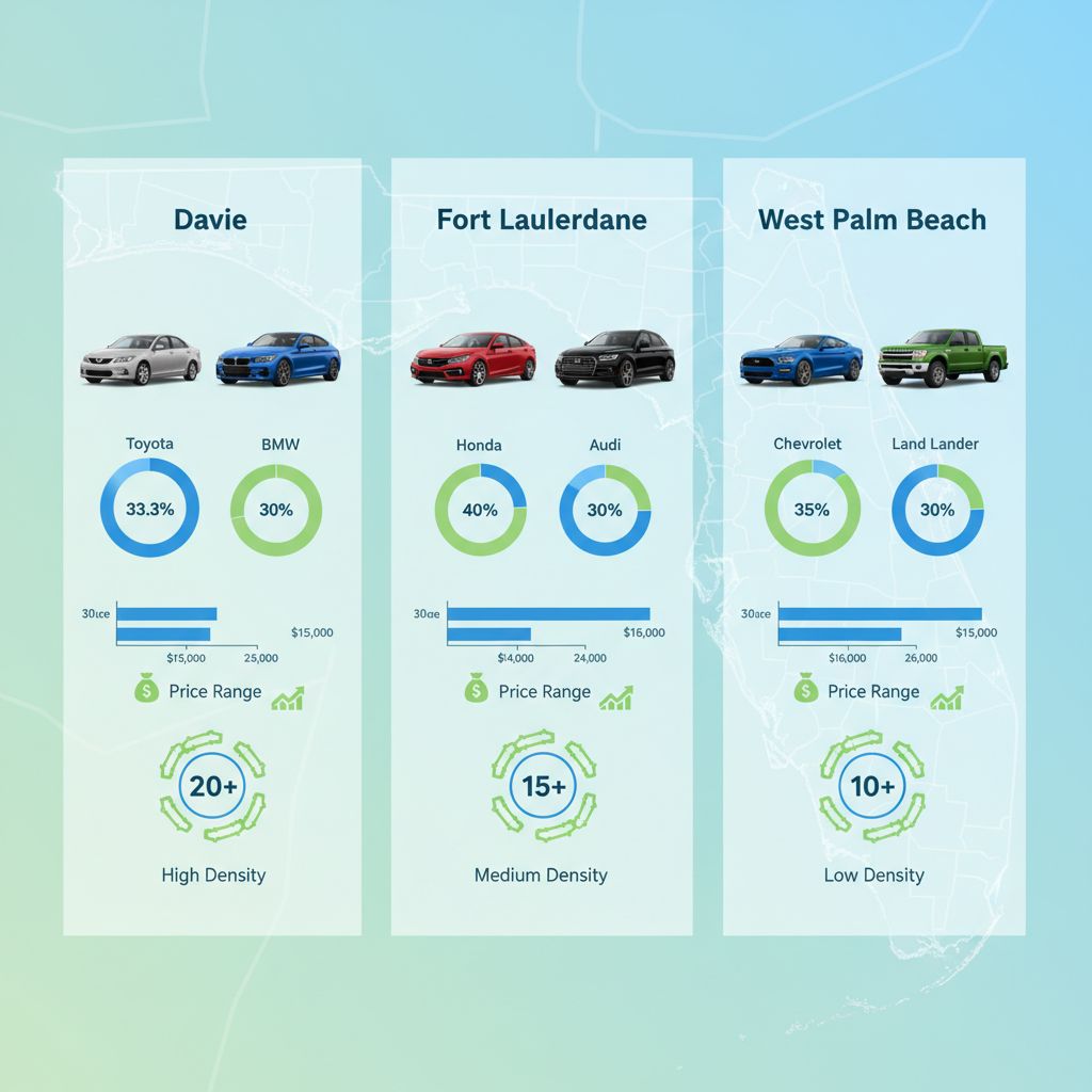 Infographic comparing certified pre-owned car markets in Davie, Fort Lauderdale, and West Palm Beach with price ranges, brand icons, and dealership densities.