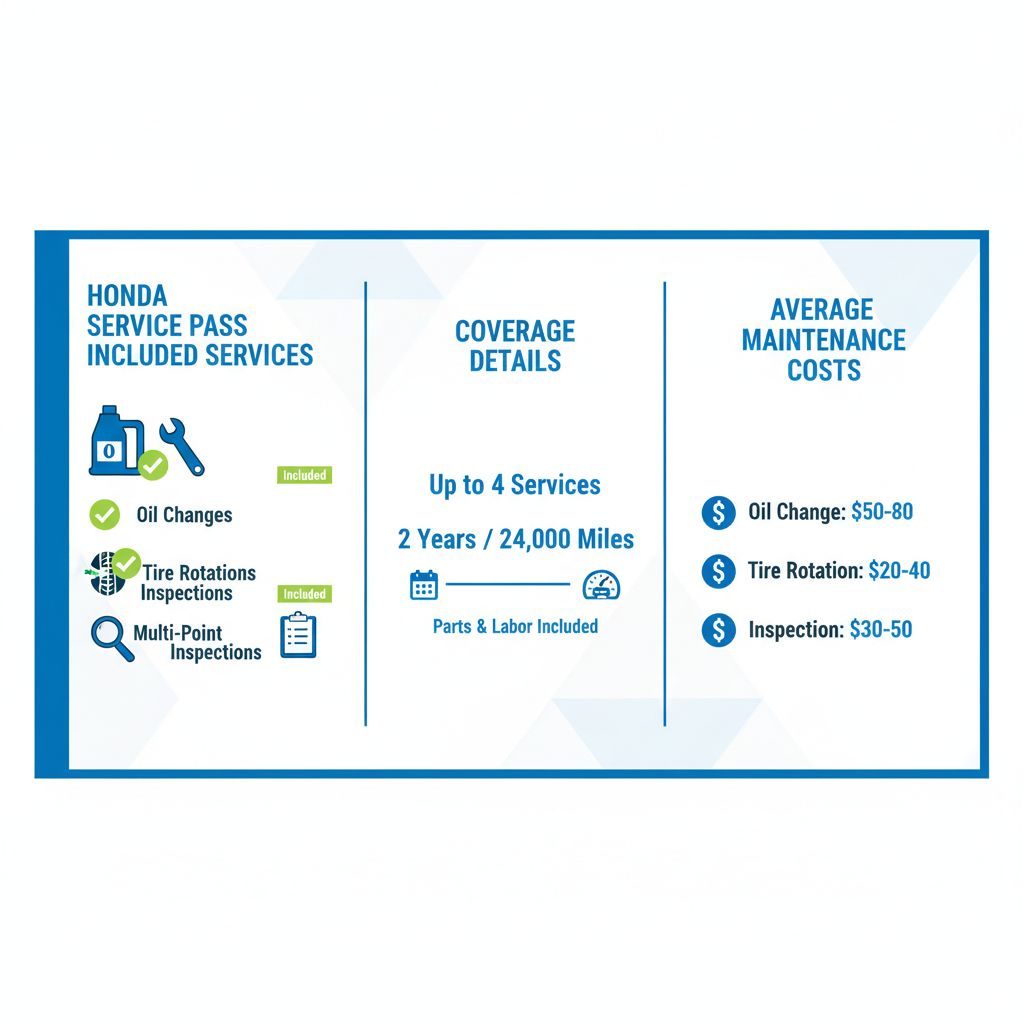 Infographic comparing Honda Service Pass coverage benefits to standard maintenance costs in three columns