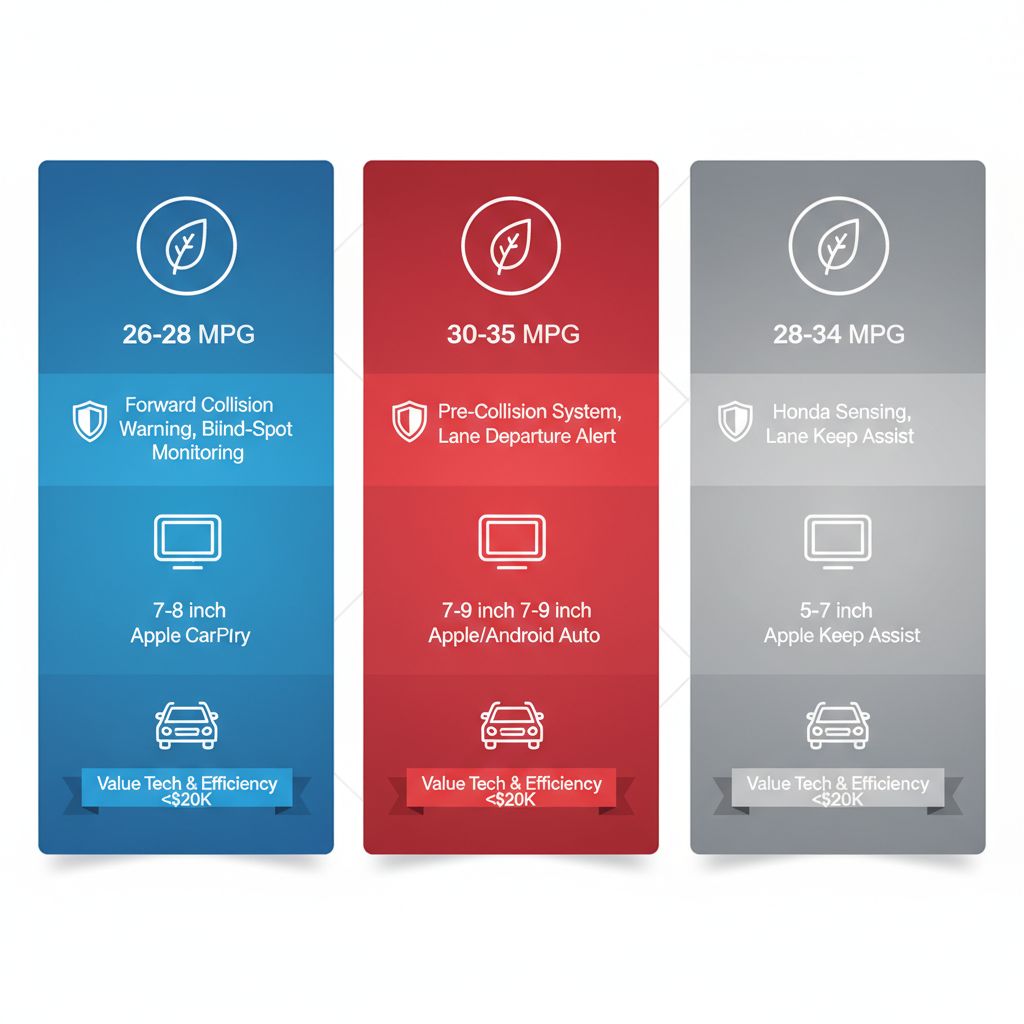 Infographic comparing key features of Hyundai Tucson with Toyota RAV4 and Honda CR-V including fuel economy, safety, infotainment, and cargo space
