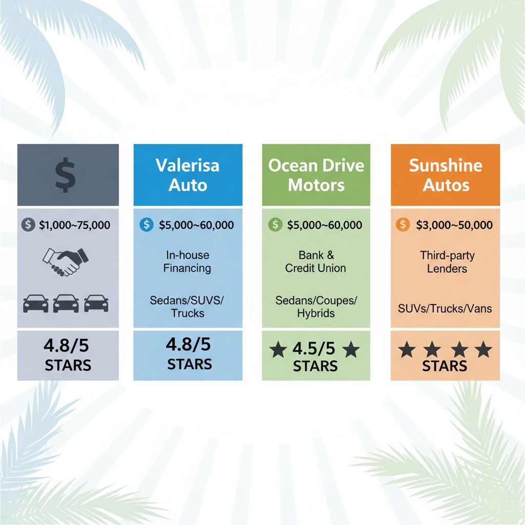 Infographic comparing used car dealerships in Fort Lauderdale, highlighting price ranges, financing options, inventory types, and ratings with icons and color accents.